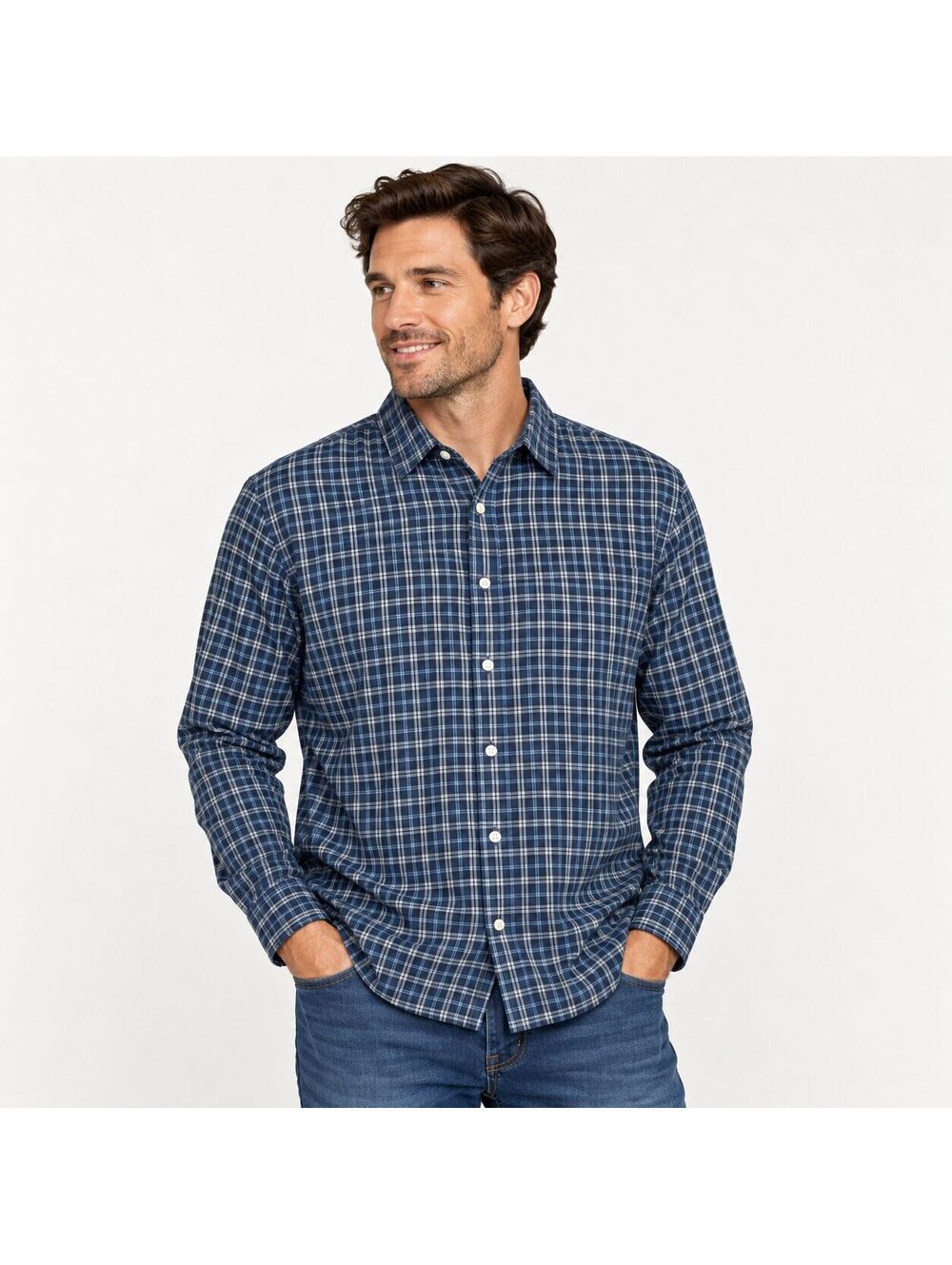 Faherty Men's XXL Navy Plaid Long Sleeve Button Up Shirt Stretch